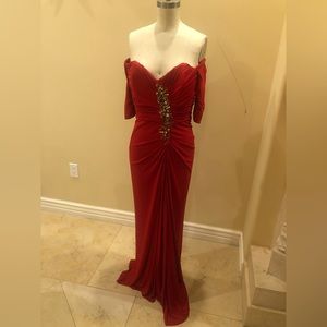 Badgley Mischka off shoulder red gown with beaded detail size 10